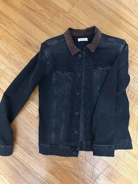 AllSaints Black Denim Jacket with Brown Suede - like Collar